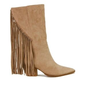 BEAST FASHION Tan Fringe Heeled Boots MAJOR SALE ALERT 🚨🚨🚨🚨🚨